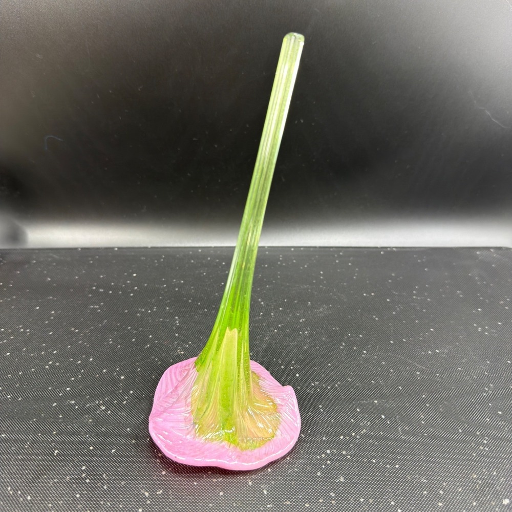 Hand Blown Glass Flower Pink Trumpet Morning Glory Green Stem Art Glass 7 Inch - Picture 10 of 11
